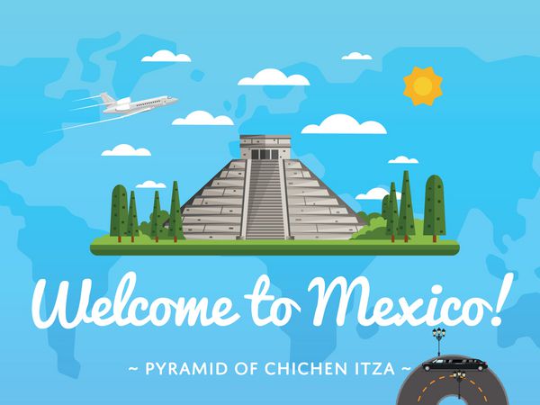 به پوستر مکزیک با وکتور جاذبه معروف خوش آمدید طراحی سفر با هرم مقبره دخمه چیچن ایتزا تولوم کوکولکان مفهوم زمان برای سفر راهنمای تور برای آژانس مسافرتی