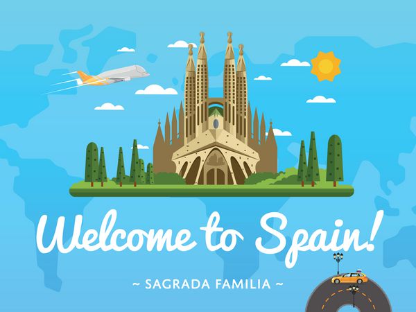 پوستر با وکتور جاذبه معروف به اسپانیا خوش آمدید طراحی سفر با کلیسای جامع ساگرادا فامیلیا در بارسلون نقطه عطف معماری معروف و مفهوم سفر هوایی در سراسر جهان