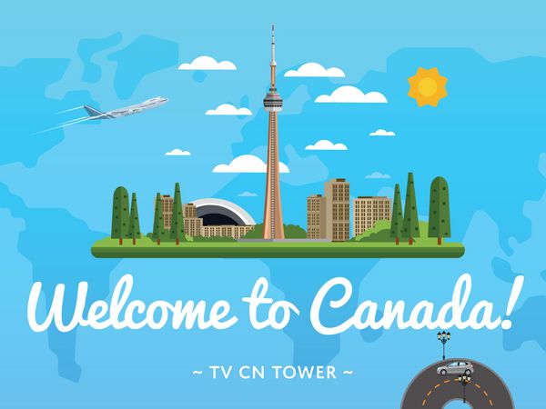 به پوستر کانادا با وکتور جاذبه معروف خوش آمدید طراحی سفر با برج تلویزیون تورنتو گردشگری جهانی زمان برای سفر کشف مکان های جدید مفهوم راهنمای تور برای آژانس مسافرتی