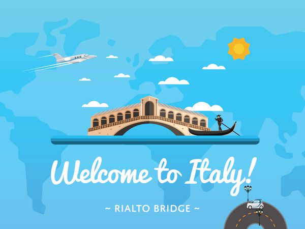 پوستر به ایتالیا خوش آمدید با وکتور جاذبه معروف طراحی سفر با پل ریالتو در ونیز نماد معماری معروف و مفهوم سفر در سراسر جهان بنر آژانس گردشگری