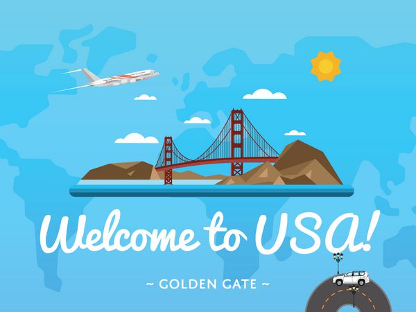 به پوستر ایالات متحده آمریکا با وکتور جاذبه معروف خوش آمدید طراحی سفر با پل گلدن گیت در سانفرانسیسکو زمان سفر کشف مفهوم مکان های جدید راهنمای تور برای آژانس مسافرتی
