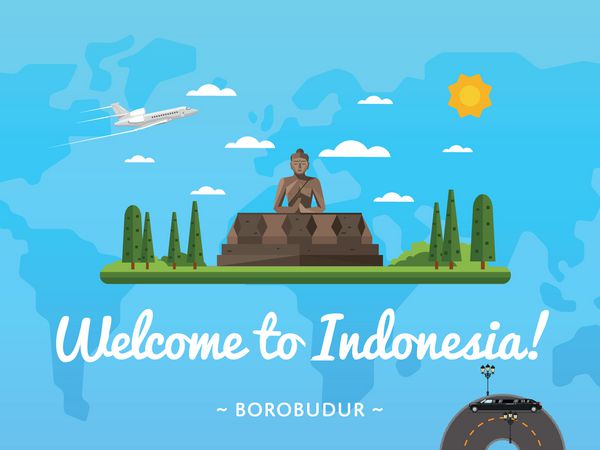 به پوستر اندونزی با وکتور جاذبه معروف خوش آمدید طراحی سفر با معبد باستانی بوروبودور سفرهای هوایی در سراسر جهان ساختمان های معروف جهان مکان های تاریخی جدید را کشف کنید