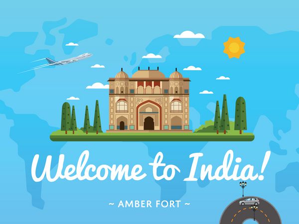 به پوستر هند با وکتور جاذبه معروف خوش آمدید طراحی سفر با قلعه کهربا در جیپور سفر هوایی در سراسر جهان زمان سفر کشف مفهوم معماری تاریخی