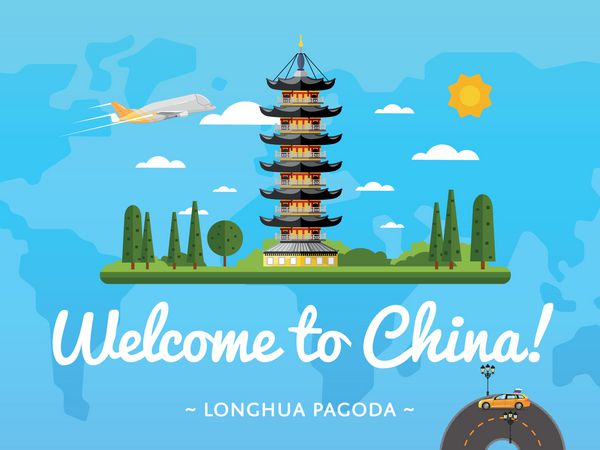 به پوستر چین خوش آمدید با وکتور جاذبه معروف طراحی سفر با بتکده باستانی Longhua در نقشه جهان پس زمینه سفرهای هوایی در سراسر جهان مکان های تاریخی جدید را کشف کنید