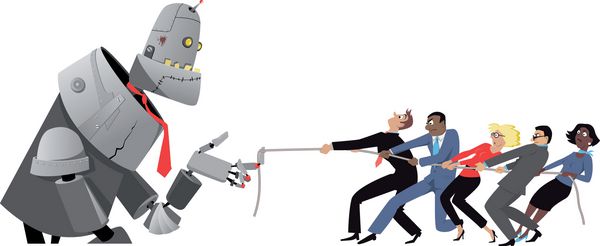 ربات غول پیکر برنده طناب کشی با گروهی از انسان ها وکتور بدون شفافیت