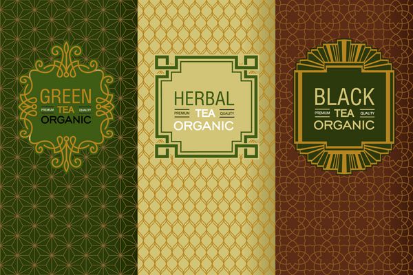 مجموعه ای زیبا از عناصر طراحی برچسب ها نمادها قاب ها پس زمینه های بدون درز برای بسته بندی به سبک خطی مرسوم برای چای سیاه گیاهی و سبز