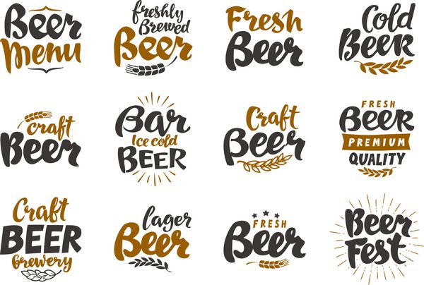 لوگوی آبجو برچسب ها و نمادهای وکتور عناصر مجموعه برای طراحی منو رستوران کافه یا بار میخانه