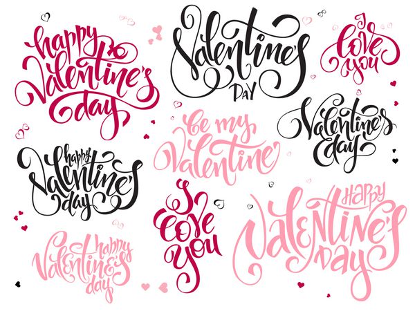 مجموعه وکتور حروف دستی متن تبریک روز ولنتاین - روز ولنتاین مبارک دوستت دارم نوشته شده در سبک های مختلف