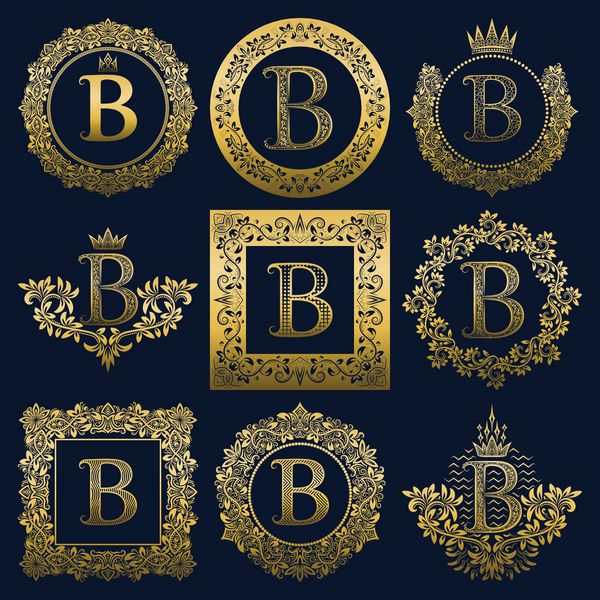 مجموعه مونوگرام های قدیمی از حرف B لوگوهای هرالدیک طلایی در تاج گل قاب های گرد و مربع