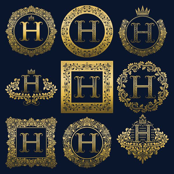 مجموعه تک نگاری های قدیمی از حرف H لوگوهای هرالدیک طلایی در تاج گل قاب های گرد و مربع