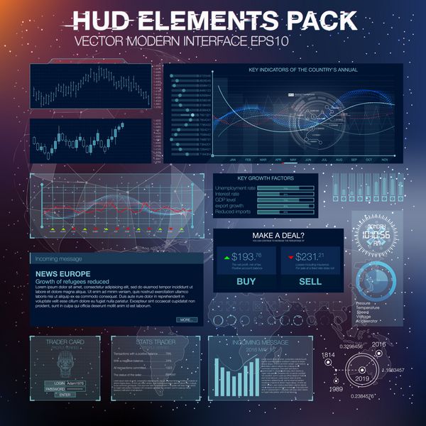 HUD UI UX برای برنامه تجاری تجارت HUD و عناصر اینفوگرافیک آینده نگر انتزاعی فضای مجازی رابط لمسی آینده ابزارهای معاملاتی صرافی هاد عناصر را برای طراحی وب یا حرکت تنظیم کنید