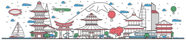 وکتور بنر کشور ژاپن سفر در ژاپن مفهوم سفر در سراسر جهان با جاذبه های معماری معروف مدرن و باستانی پانورامای دیدنی کشور ژاپن پوستر طراحی خط توریستی