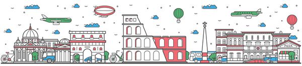 وکتور بنر شهر رم سفر در شهر رم مفهوم سفر در سراسر جهان با جاذبه های معماری معروف مدرن و باستانی پانورامای منظره شهری رم پوستر طراحی خط نقطه عطف تاریخی