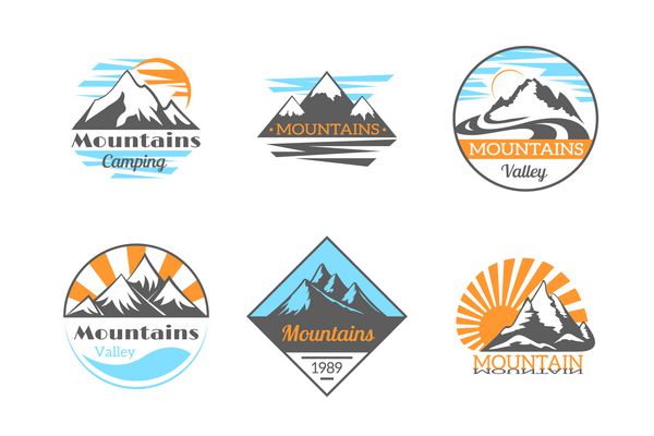 مجموعه لوگو وکتور کوه ها برچسب های کمپینگ در فضای باز سنگ کوه