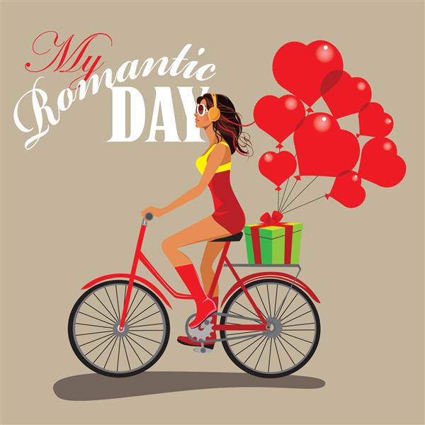 دختر مد روی دوچرخه روز عاشقانه هدیه دادن قلب حاضر