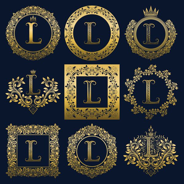 مجموعه مونوگرام های قدیمی از حرف L لوگوهای هرالدیک طلایی در تاج گل قاب های گرد و مربع
