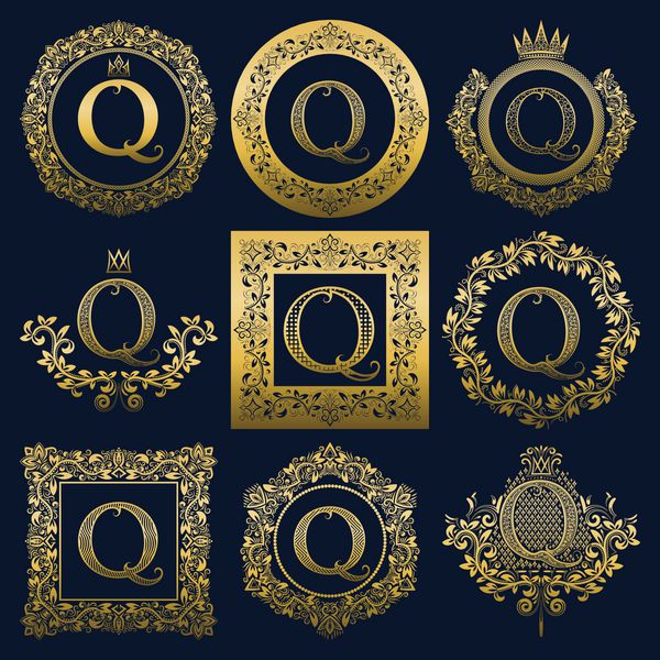 مجموعه تک نگاری های قدیمی از حرف Q لوگوهای هرالدیک طلایی در تاج گل قاب های گرد و مربع