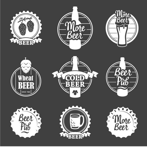 وکتور با لوگو و برچسب میخانه آبجو نمادهای ساده شیشه بطری سنت های نوشیدنی عناصر تزئینی برای طراحی شما سبک سفید سیاه