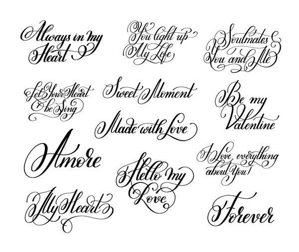 مجموعه ای از حروف دست نوشته سیاه و سفید در مورد عشق به واله