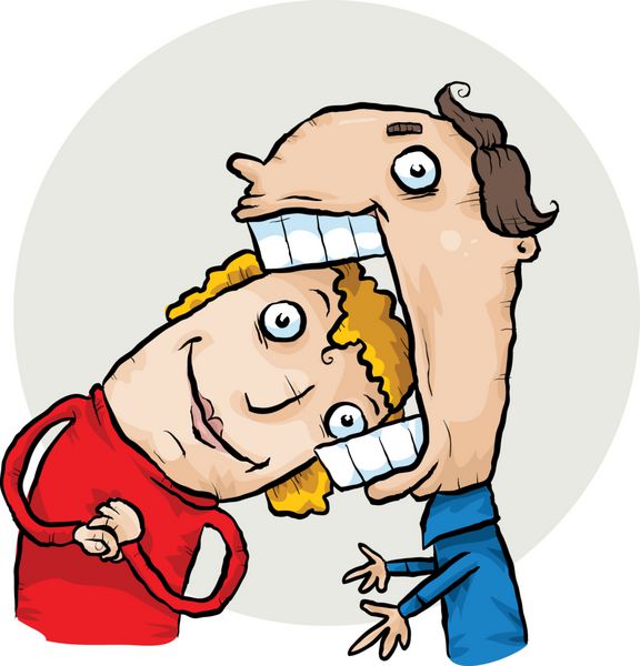 یک زوج کارتونی در حال خودنمایی با زن که سرش را داخل دهان مرد فرو کرده است