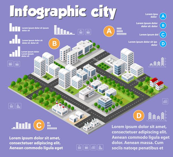 مجموعه اینفوگرافیک صنعت نقشه شهر ایزومتریک با عناصر حمل و نقل معماری طراحی گرافیکی الگوی مفهومی اطلاعات شهری با نمادهای آماری نمودارها نمودارها در رنگ های مسطح
