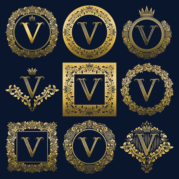 مجموعه مونوگرام های قدیمی از حرف V لوگوهای هرالدیک طلایی در تاج گل قاب های گرد و مربع