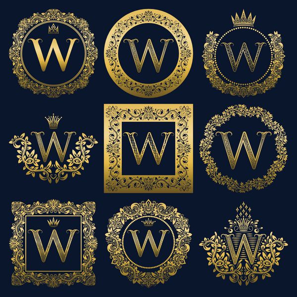 مجموعه مونوگرام های قدیمی از حرف W لوگوهای هرالدیک طلایی در تاج گل قاب های گرد و مربع