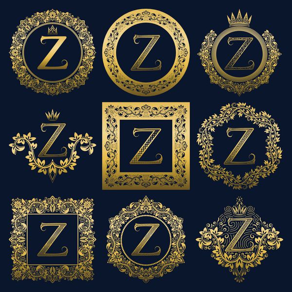 مجموعه تک نگاری های قدیمی از حرف Z لوگوهای هرالدیک طلایی در تاج گل قاب های گرد و مربع