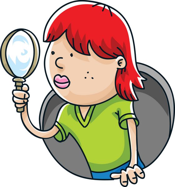 یک دختر کارتونی با ذره بین در حال بررسی و تحقیق