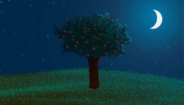 تابستان منظره شبانه درخت سیب با گل روی تپه زیر نور مهتاب