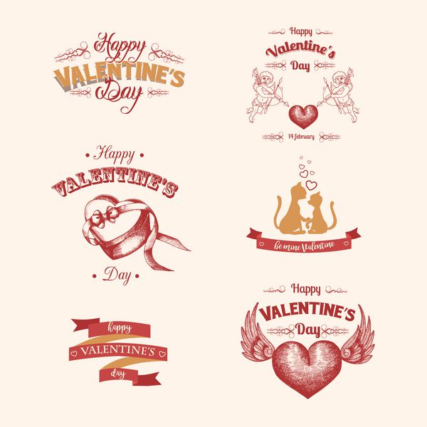 مجموعه ای از نوشته های تبریک روز ولنتاین مبارک عناصر طراحی شده با دست رترو