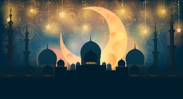 شبح مسجد در آسمان شب با هلال ماه و ستاره