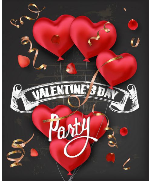 کارت دعوت جشن روز ولنتاین با بادکنک های هوایی به شکل قلب قرمز و پس زمینه تخته سیاه وکتور