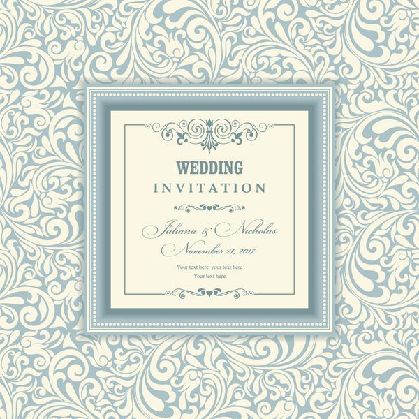 کارت دعوت عروسی در رنگ آبی و بژ به سبک قدیمی زیور آلات ویکتوریایی زیبا قاب با عناصر گل وکتور