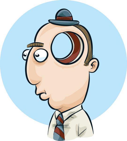 یک مرد کارتونی با یک سوراخ بزرگ و خالی در سرش جایی که مغزش باید باشد
