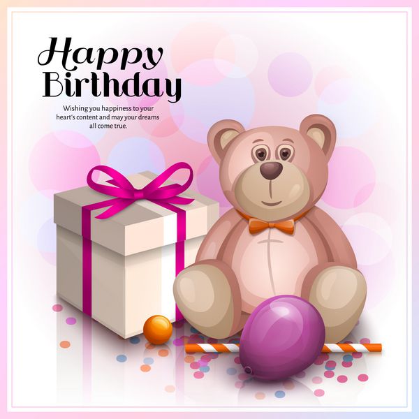 کارت تبریک تولدت مبارک جعبه هدیه با روبان صورتی خرس عروسکی صورتی زیبا و بادکنک بردار