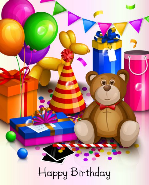 کارت تبریک تولدت مبارک جعبه های هدیه رنگارنگ بسته بندی شده هدایا و اسباب بازی های زیادی بادکنک مهمانی بادکنک سگ کلاه کانفتی خرس عروسکی توپ بازی روی زمین بردار