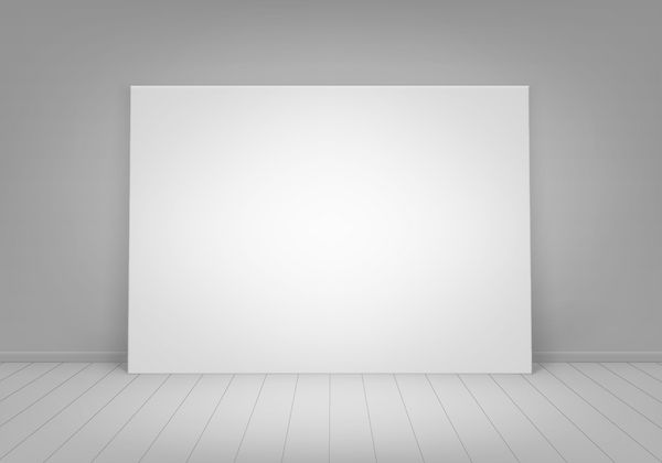 وکتور قاب عکس پوستر ماکت سفید خالی خالی روی زمین با نمای روبروی دیوار