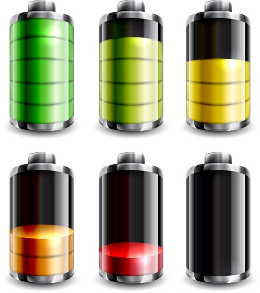 مجموعه نماد باتری برای گوشی های هوشمند لپ تاپ میز یا ابزارهای دیگر جدا شده روی سفید