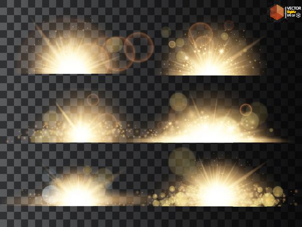 چراغ های بوکه زرق و برق طلایی و درخشش ستاره درخشان ذرات خورشید و جرقه ها با اثر شعله ور شدن لنز در پس زمینه شفاف