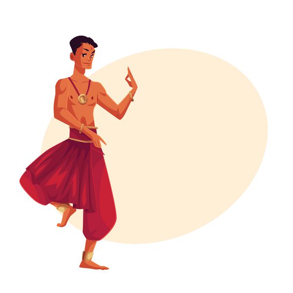 رقصنده مرد هندی با شلوار حرمسرا سنتی تصویر وکتور کارتونی روی پس‌زمینه با جای متن رقصنده مرد سنتی هندی با شلوار گشاد و دستبندهای مچ پا مجری بالیوود