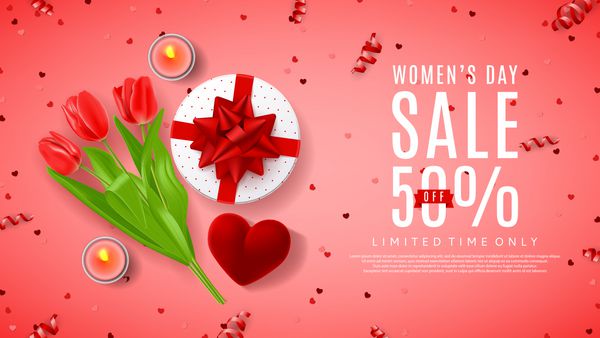 بنر صورتی برای فروش روز زن نمای بالا در ترکیب با گل های قرمز جعبه هدیه جعبه قرمز برای حلقه و شمع وکتور با سرپانتین و کانفتی