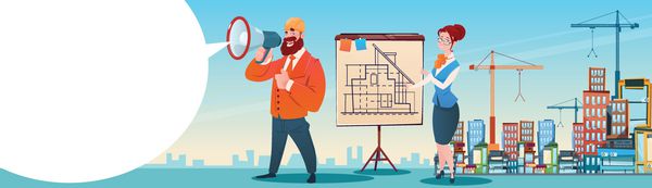 Builder Architect Workers Boss Hold Megaphone Present Architecture Drafting City Building Background Flat Vector illustration