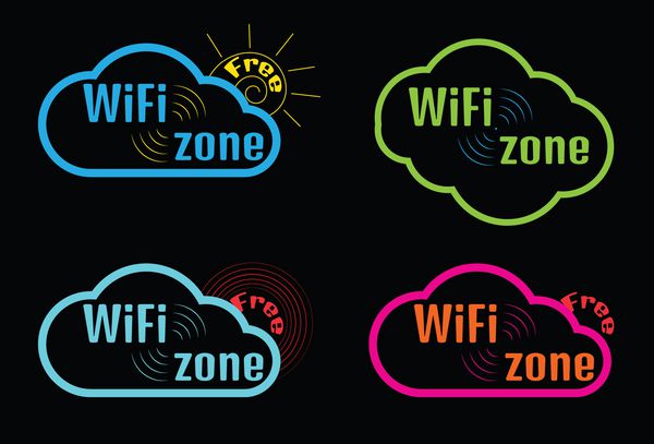 مجموعه ای از نمادهای نئون وکتور با رنگ های مختلف به شکل ابر با عبارت free Wi fi zone در پس زمینه سیاه