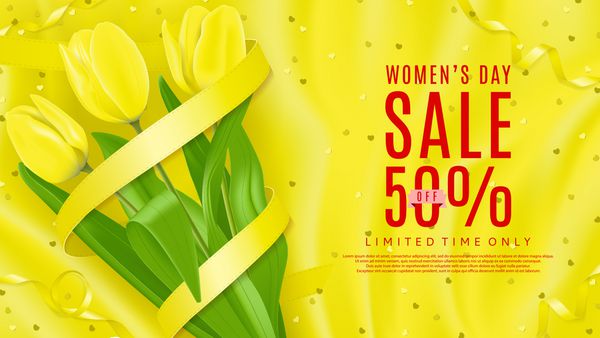 پس زمینه شیک برای فروش روز زن نمای بالا در ترکیب با گل های زرد و روبان ساتن وکتور با کانفتی روی پارچه ابریشمی