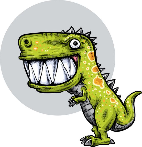 یک دایناسور کارتونی شاد با لکه ها و پوزخند بزرگ و دندانه دار