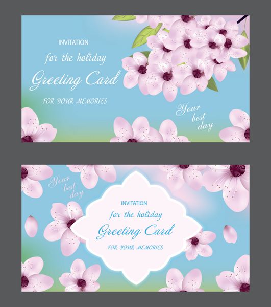 ست کارت عروسی کارت پستال یا دعوتنامه تزئینی طرح افقی با گل گیلاس در زمینه آبی وکتور