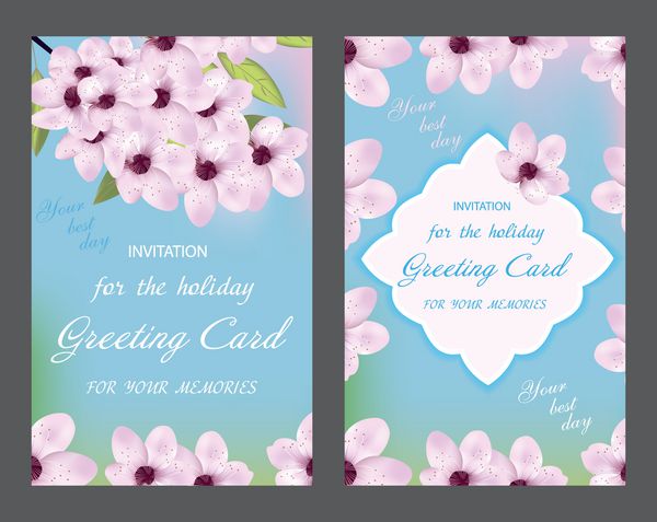 ست کارت عروسی کارت پستال یا دعوتنامه تزئینی طرح عمودی با گل گیلاس در زمینه آبی وکتور