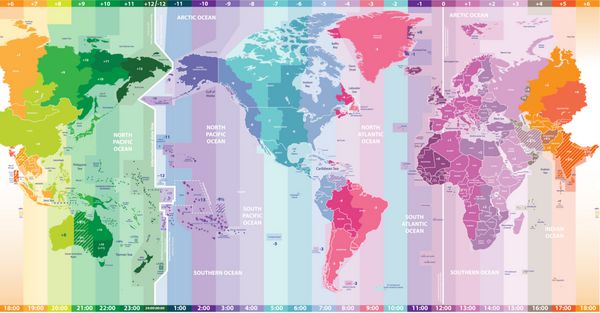 بردار مناطق زمانی استاندارد نقشه سیاسی جهان با مرکزیت آمریکا