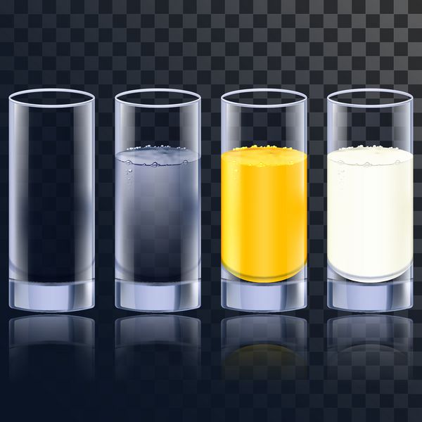 لیوان های زیبا در چهار نسخه برای آب آب میوه و شیر با یک لیوان خالی نیز گنجانده شده است وکتور واقع گرایانه روی شبکه شفافیت